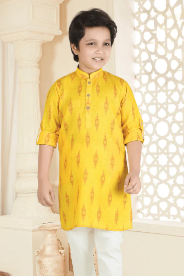 Boys Mandarin Collar Regular Kurta with Pyjamas & Woven Design Nehru Jacket