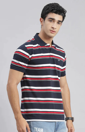 Men Teal Blue Striped Slim Fit Polo Collar Pure Cotton T-shirt